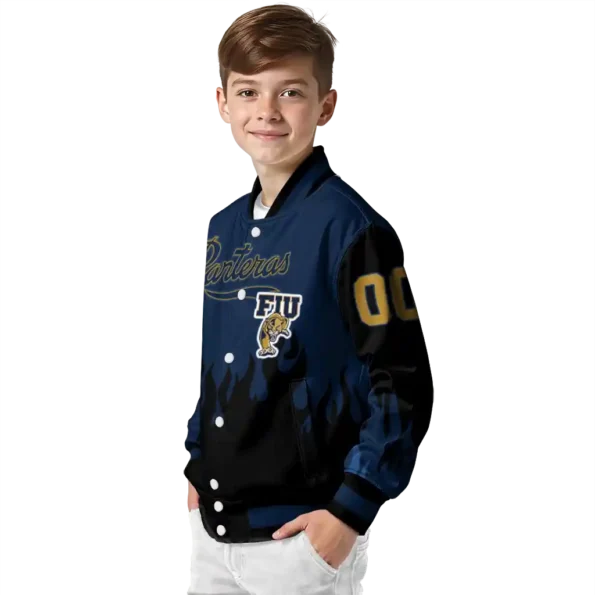 customized fiu panthers flame border blue black varsity jacket trendy.webp
