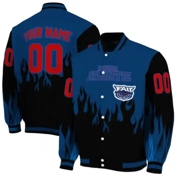 customized florida atlantic owls flame border blue black varsity jacket fashion forward.webp