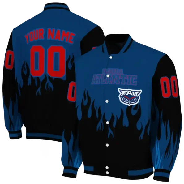 customized florida atlantic owls flame border blue black varsity jacket fashion forward.webp