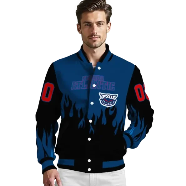 customized florida atlantic owls flame border blue black varsity jacket high quality.webp