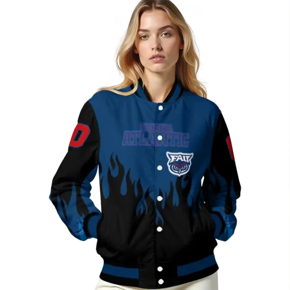 customized florida atlantic owls flame border blue black varsity jacket latest model.webp