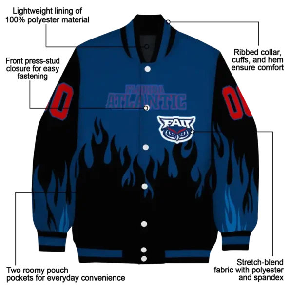 customized florida atlantic owls flame border blue black varsity jacket new arrival.webp