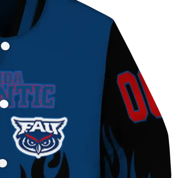 customized florida atlantic owls flame border blue black varsity jacket premium grade.webp