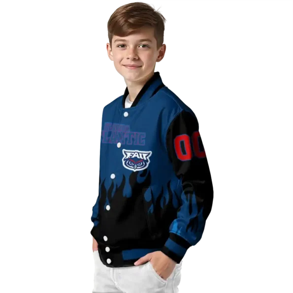 customized florida atlantic owls flame border blue black varsity jacket trendy.webp