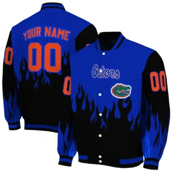 customized florida gators flame border blue black varsity jacket fashion forward.webp