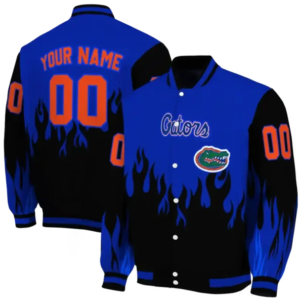 customized florida gators flame border blue black varsity jacket fashion forward.webp