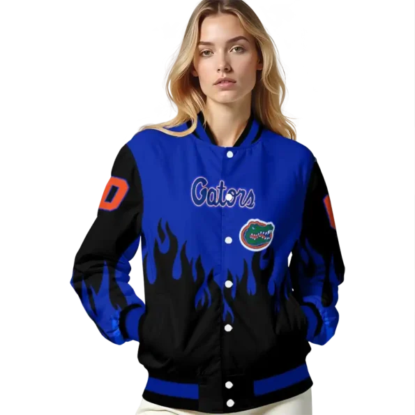 customized florida gators flame border blue black varsity jacket latest model.webp