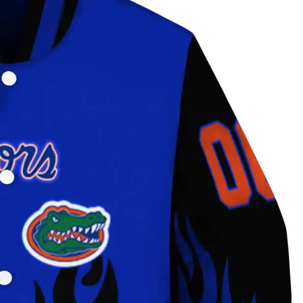 customized florida gators flame border blue black varsity jacket premium grade.webp