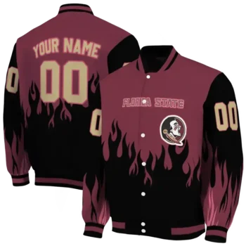 customized florida state seminoles flame border garnet black varsity jacket fashion forward.webp