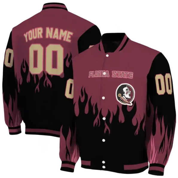 customized florida state seminoles flame border garnet black varsity jacket fashion forward.webp