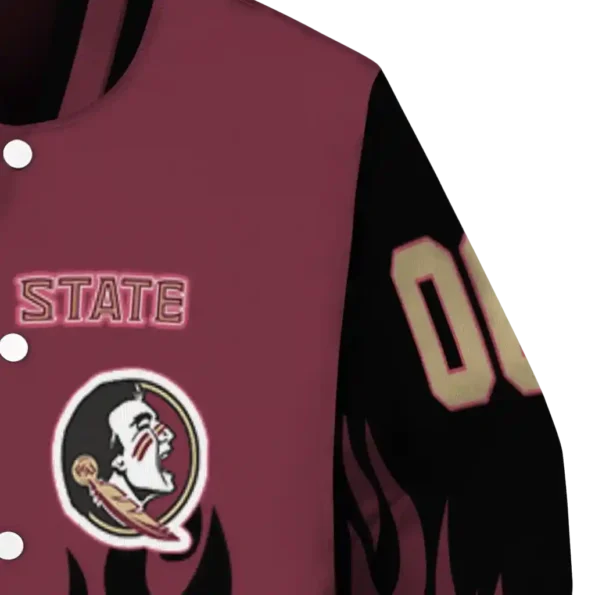 customized florida state seminoles flame border garnet black varsity jacket premium grade.webp