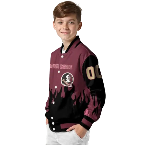 customized florida state seminoles flame border garnet black varsity jacket trendy.webp