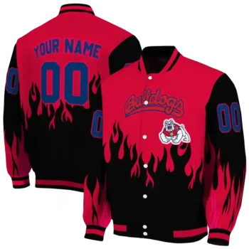 customized fresno state bulldogs flame border red black varsity jacket fashion forward.webp