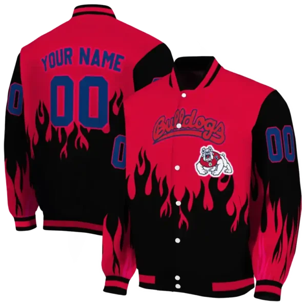 customized fresno state bulldogs flame border red black varsity jacket fashion forward.webp