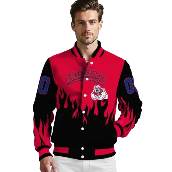 customized fresno state bulldogs flame border red black varsity jacket high quality.webp
