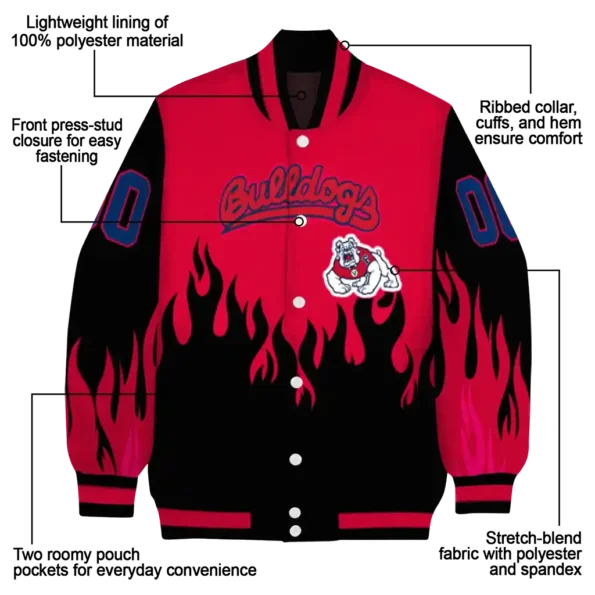 customized fresno state bulldogs flame border red black varsity jacket new arrival.webp