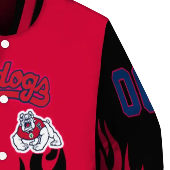 customized fresno state bulldogs flame border red black varsity jacket premium grade.webp