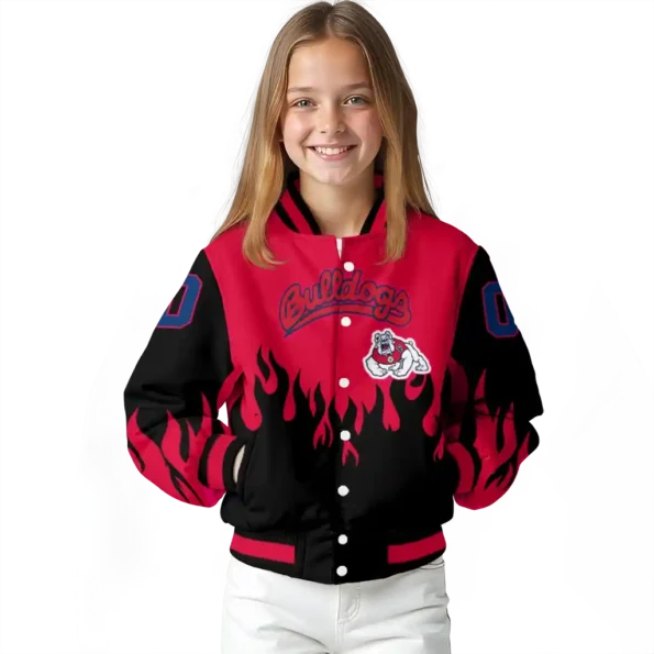 customized fresno state bulldogs flame border red black varsity jacket top rated.webp