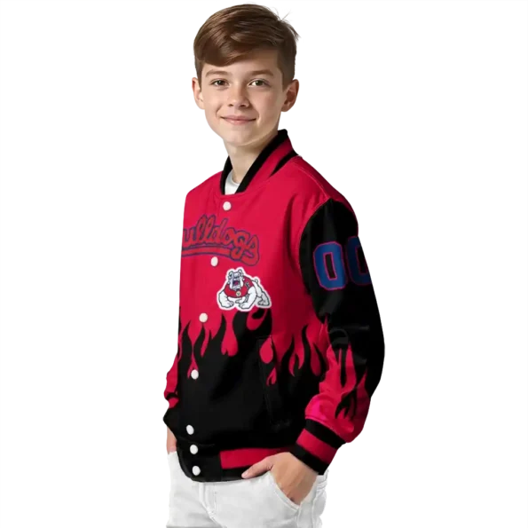 customized fresno state bulldogs flame border red black varsity jacket trendy.webp