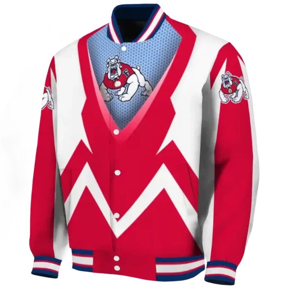 customized fresno state bulldogs v stripes red white varsity jacket best selling