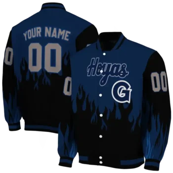 customized georgetown hoyas flame border blue black varsity jacket fashion forward.webp