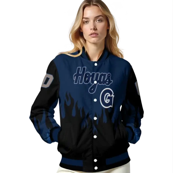 customized georgetown hoyas flame border blue black varsity jacket latest model.webp