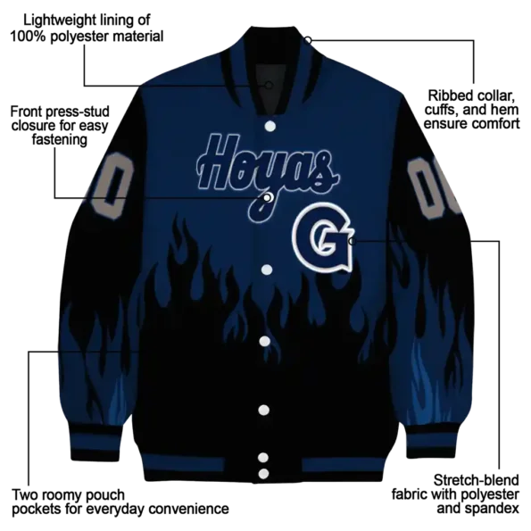 customized georgetown hoyas flame border blue black varsity jacket new arrival.webp