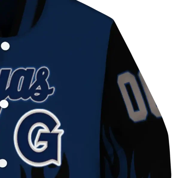 customized georgetown hoyas flame border blue black varsity jacket premium grade.webp