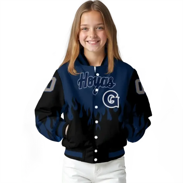 customized georgetown hoyas flame border blue black varsity jacket top rated.webp