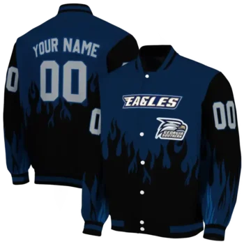 customized georgia southern eagles flame border blue black varsity jacket fashion forward.webp