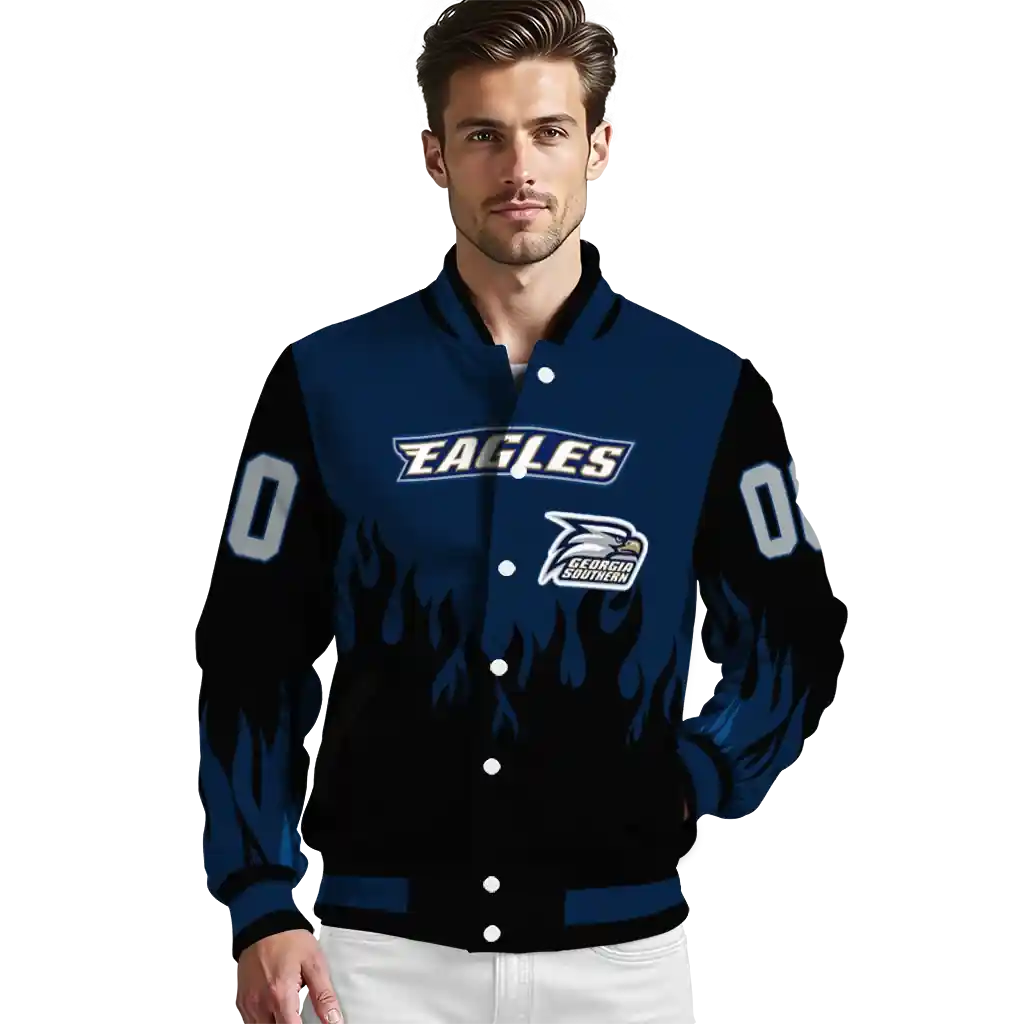 customized georgia southern eagles flame border blue black varsity jacket high quality.webp customized georgia southern eagles flame border blue black varsity jacket high quality.webp