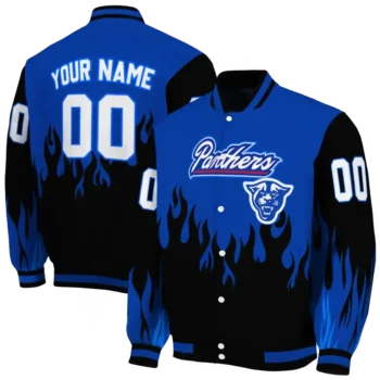 customized georgia state panthers flame border blue black varsity jacket fashion forward.webp