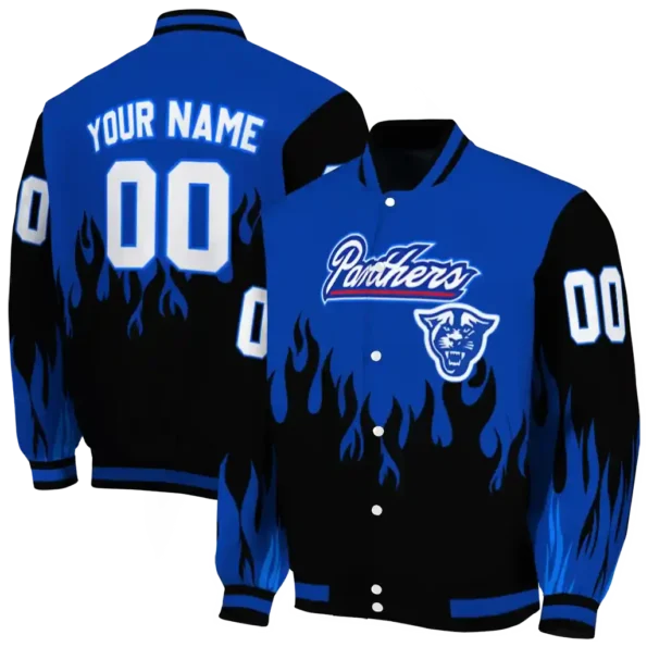 customized georgia state panthers flame border blue black varsity jacket fashion forward.webp