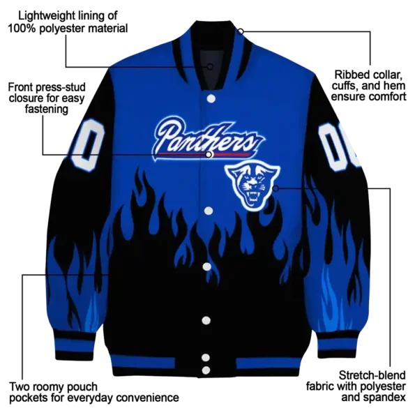 customized georgia state panthers flame border blue black varsity jacket new arrival.webp