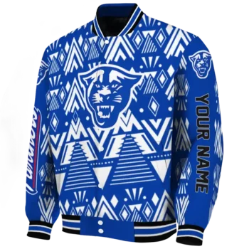 customized georgia state panthers pyramid shapes blue varsity jacket best selling.webp