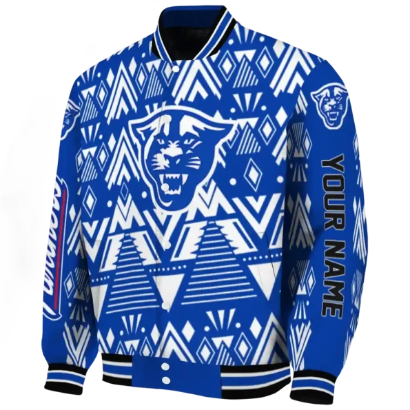 customized georgia state panthers pyramid shapes blue varsity jacket best selling.webp