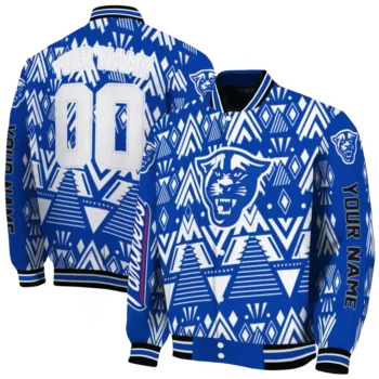 customized georgia state panthers pyramid shapes blue varsity jacket fashion forward.webp