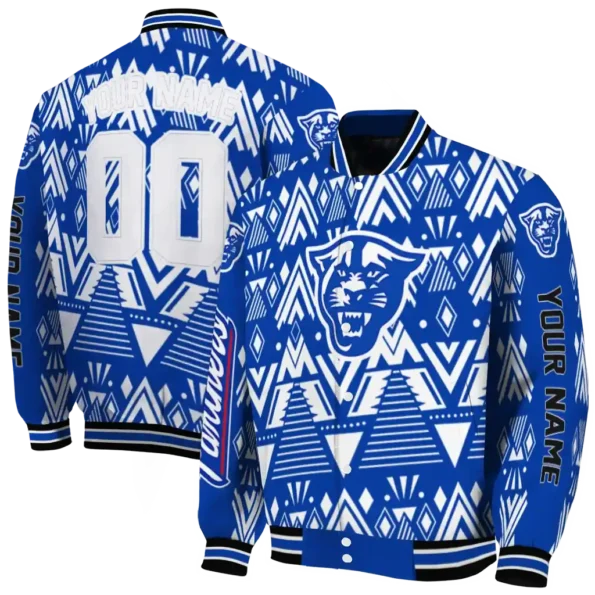 customized georgia state panthers pyramid shapes blue varsity jacket fashion forward.webp