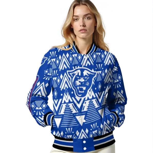 customized georgia state panthers pyramid shapes blue varsity jacket latest model.webp