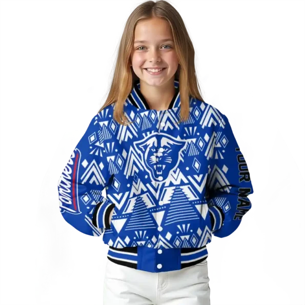 customized georgia state panthers pyramid shapes blue varsity jacket top rated.webp