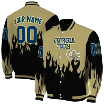 customized georgia tech yellow jackets flame border gold black varsity jacket fashion forward.webp