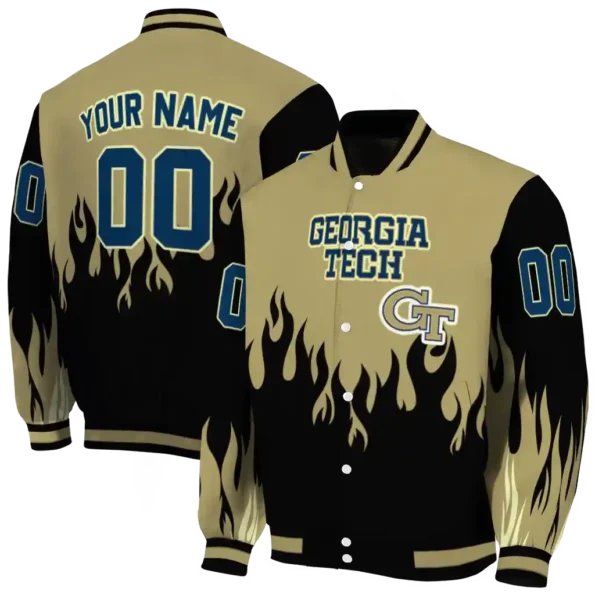 customized georgia tech yellow jackets flame border gold black varsity jacket fashion forward.webp