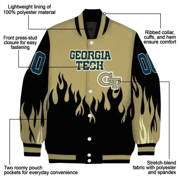 customized georgia tech yellow jackets flame border gold black varsity jacket new arrival.webp
