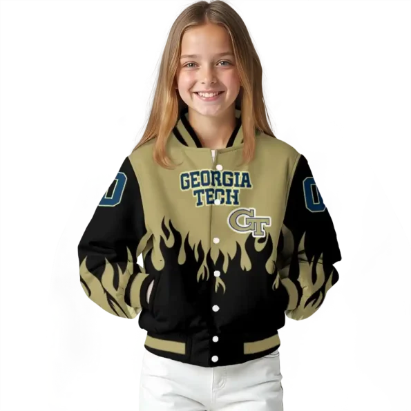 customized georgia tech yellow jackets flame border gold black varsity jacket top rated.webp