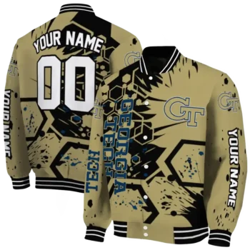 customized georgia tech yellow jackets hexagon cluster gold black varsity jacket fashion forward.webp