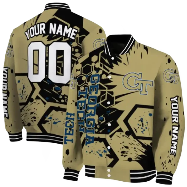 customized georgia tech yellow jackets hexagon cluster gold black varsity jacket fashion forward.webp
