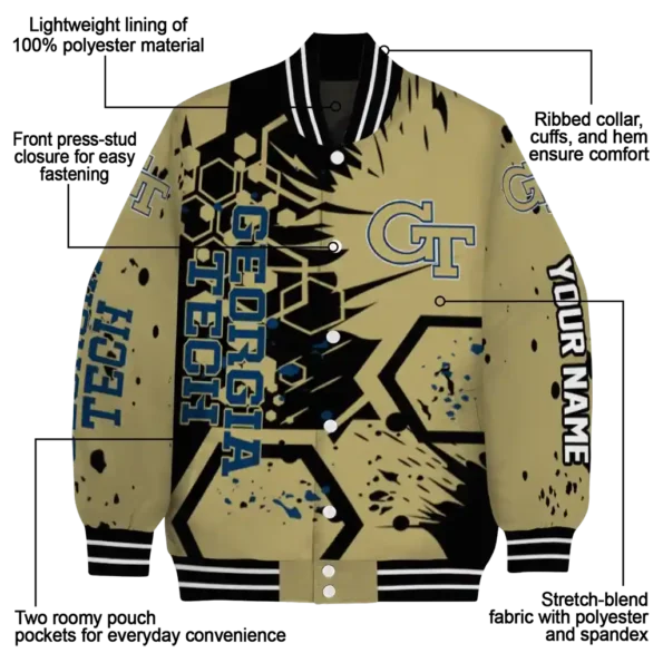 customized georgia tech yellow jackets hexagon cluster gold black varsity jacket new arrival.webp