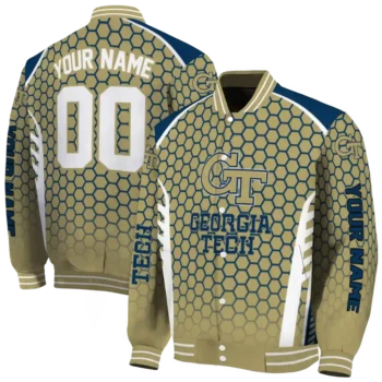 customized georgia tech yellow jackets hexagon grid gold varsity jacket fashion forward.webp