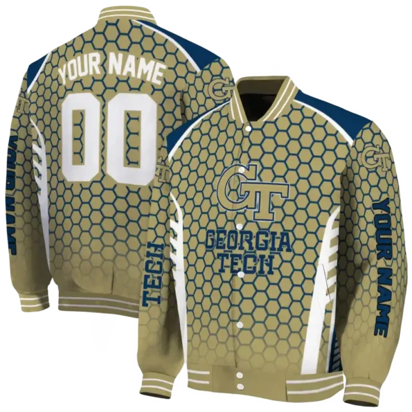 customized georgia tech yellow jackets hexagon grid gold varsity jacket fashion forward.webp