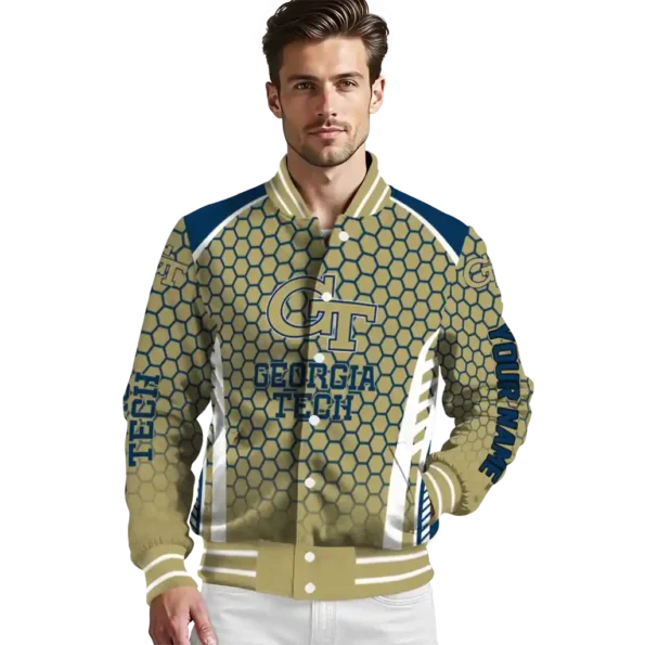 customized georgia tech yellow jackets hexagon grid gold varsity jacket high quality.webp
